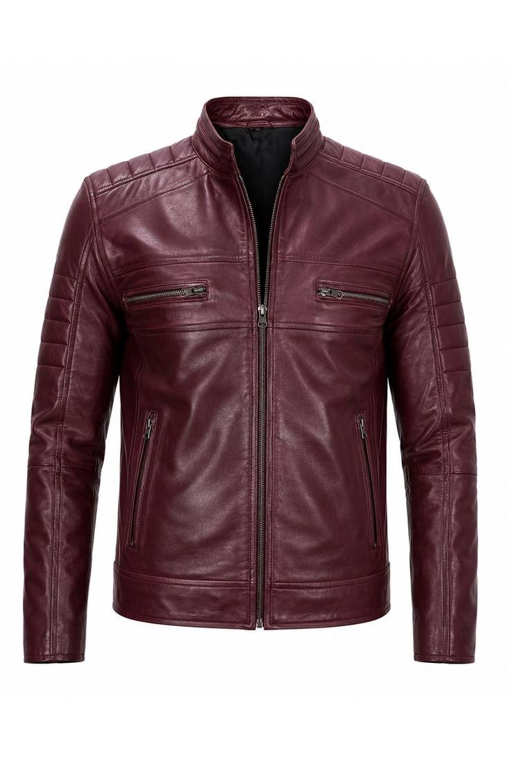 Men's burgundy leather biker jacket vintage style real lambskin jacket