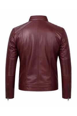 Men's burgundy leather biker jacket vintage style real lambskin jacket 4