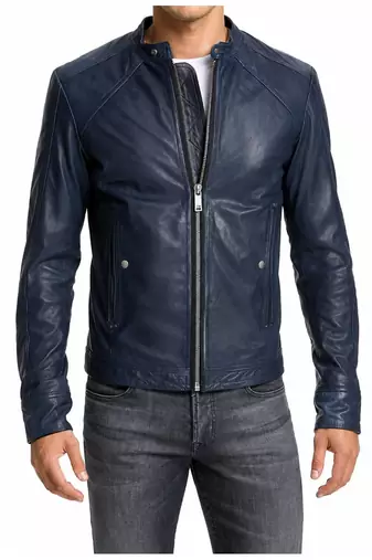 Men's biker leather jacket modern fit navy blue stand collar jacket