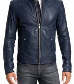 Men's biker leather jacket modern fit navy blue stand collar jacket