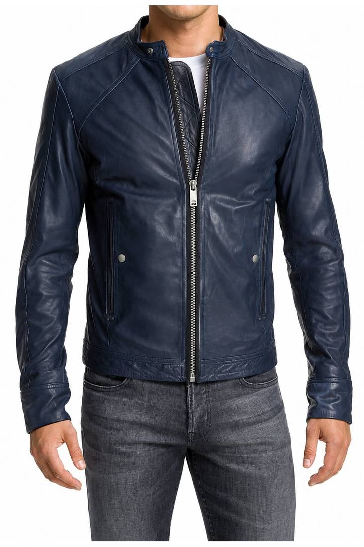 Men's biker leather jacket modern fit navy blue stand collar jacket
