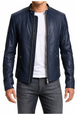Men's biker leather jacket modern fit navy blue stand collar jacket 2