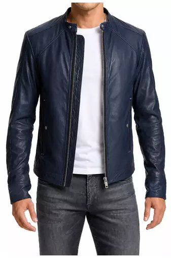 Men's biker leather jacket modern fit navy blue stand collar jacket