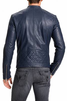Men's biker leather jacket modern fit navy blue stand collar jacket 3