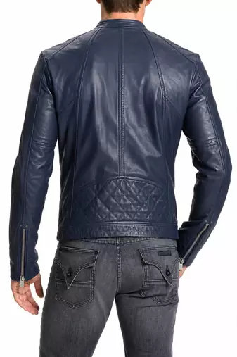 Men's biker leather jacket modern fit navy blue stand collar jacket