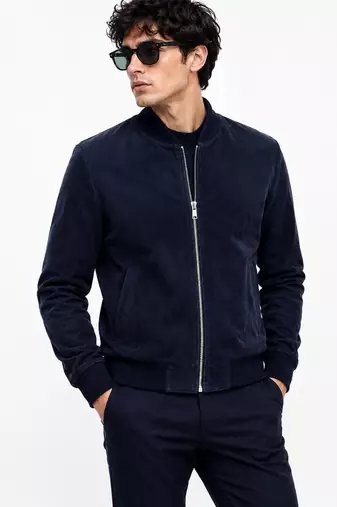 Men's navy suede leather jacket real lambskin street style biker jacket