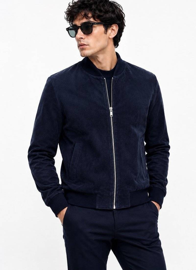 Men's navy suede leather jacket real lambskin street style biker jacket