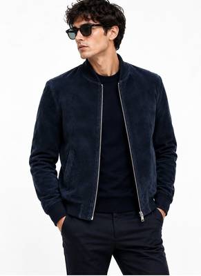 Men's navy suede leather jacket real lambskin street style biker jacket 2
