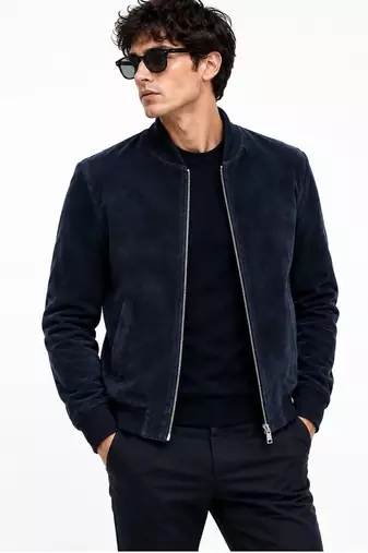 Men's navy suede leather jacket real lambskin street style biker jacket