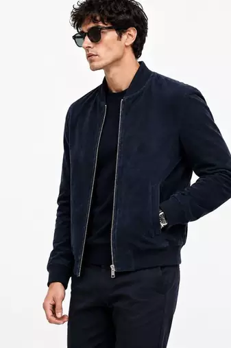 Men's navy suede leather jacket real lambskin street style biker jacket