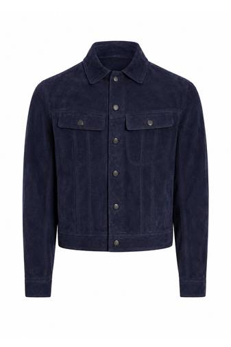 Men biker leather jacket timeless style navy blue suede buttoned coat