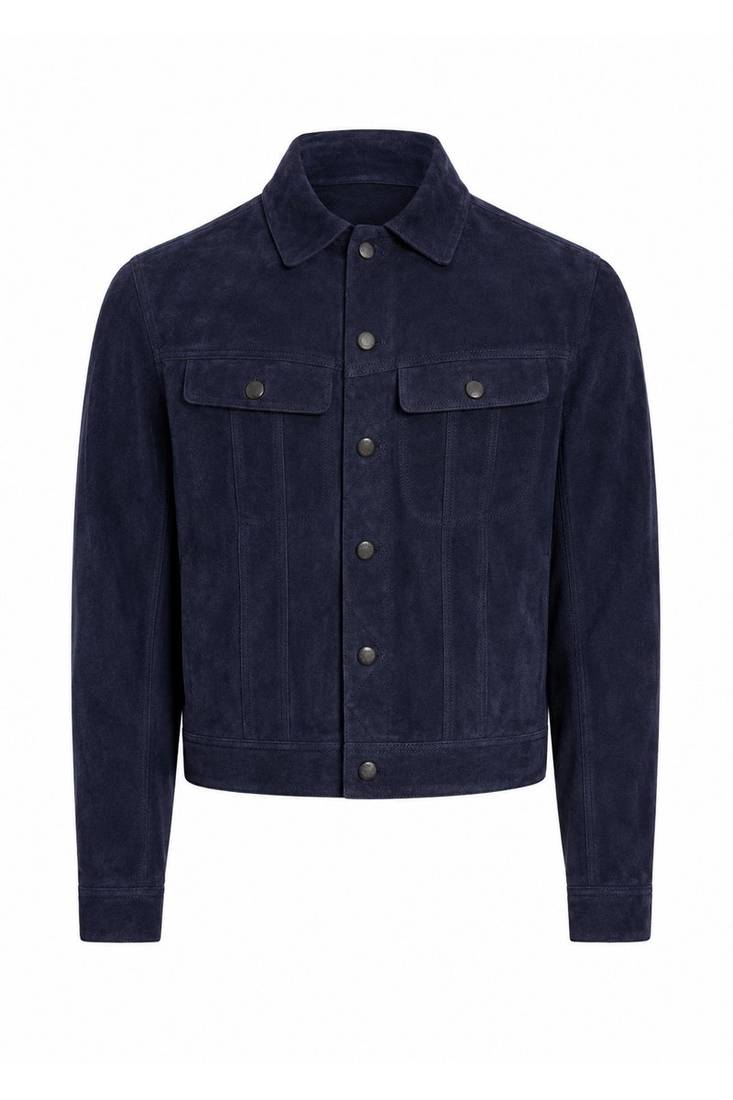 Men biker leather jacket timeless style navy blue suede buttoned coat