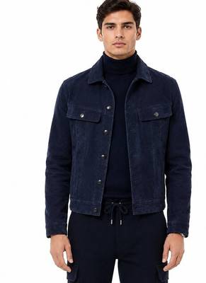 Men biker leather jacket timeless style navy blue suede buttoned coat 2