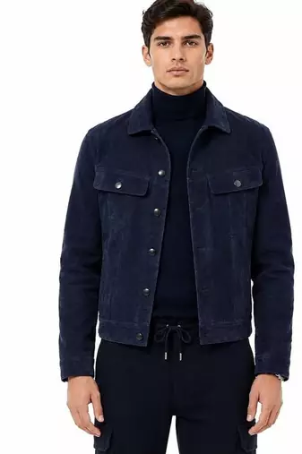 Men biker leather jacket timeless style navy blue suede buttoned coat