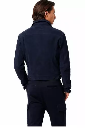 Men biker leather jacket timeless style navy blue suede buttoned coat