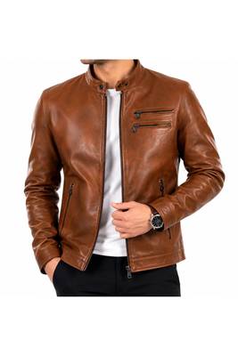 Men's brown leather biker jacket motorcycle style real lambskin jacket 1