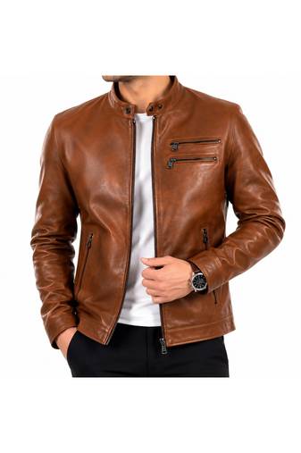 Men's brown leather biker jacket motorcycle style real lambskin jacket