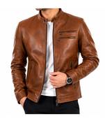 Men's brown leather biker jacket motorcycle style real lambskin jacket
