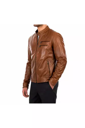 Men's brown leather biker jacket motorcycle style real lambskin jacket
