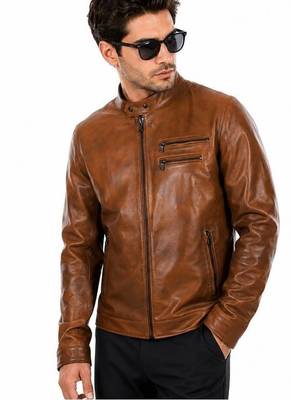 Men's brown leather biker jacket motorcycle style real lambskin jacket 3