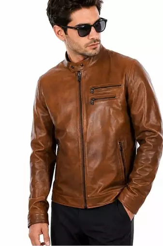 Men's brown leather biker jacket motorcycle style real lambskin jacket