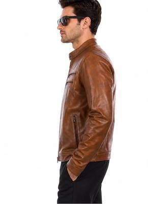 Men's brown leather biker jacket motorcycle style real lambskin jacket 4