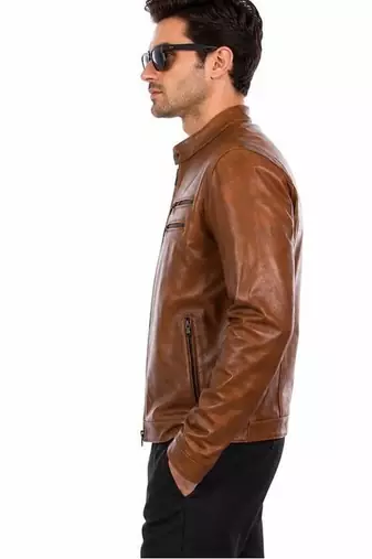 Men's brown leather biker jacket motorcycle style real lambskin jacket