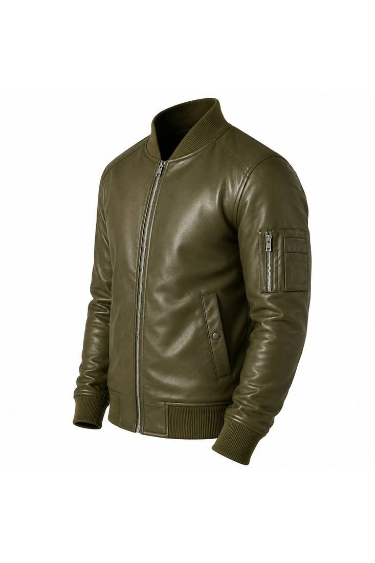 Men's olive green leather jacket real lambskin bomber biker jackets