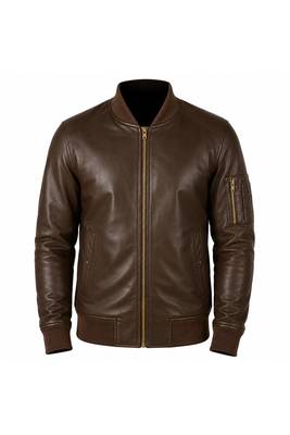 Men's brown leather biker jacket real lambskin bomber ribbed jacket 1