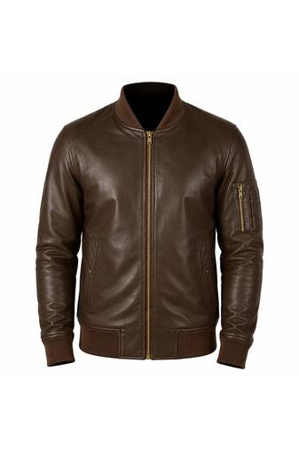 Men's brown leather biker jacket real lambskin bomber ribbed jacket