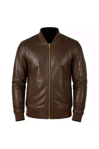 Men's brown leather biker jacket real lambskin bomber ribbed jacket