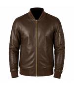 Men's brown leather biker jacket real lambskin bomber ribbed jacket