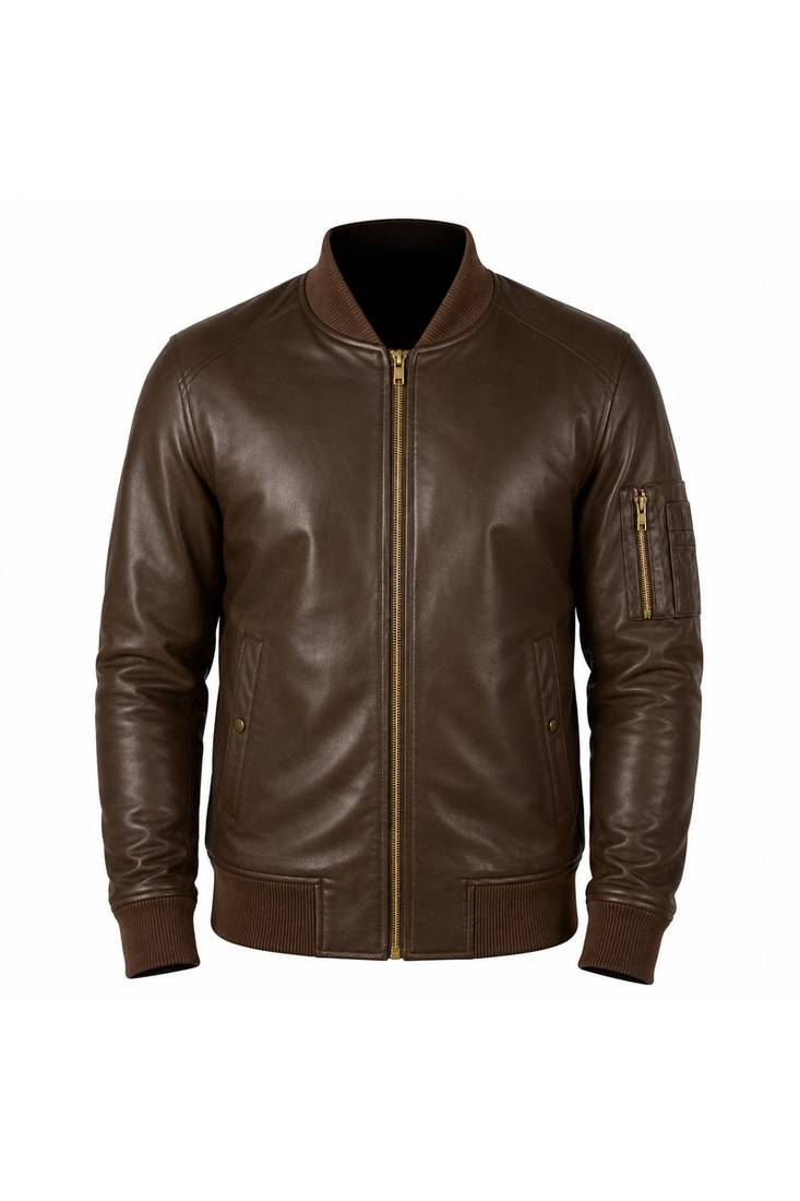 Men's brown leather biker jacket real lambskin bomber ribbed jacket