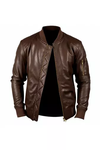 Men's brown leather biker jacket real lambskin bomber ribbed jacket