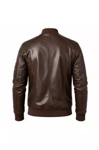 Men's brown leather biker jacket real lambskin bomber ribbed jacket
