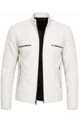 Men's white biker leather jacket smart casual genuine lambskin jacket 1