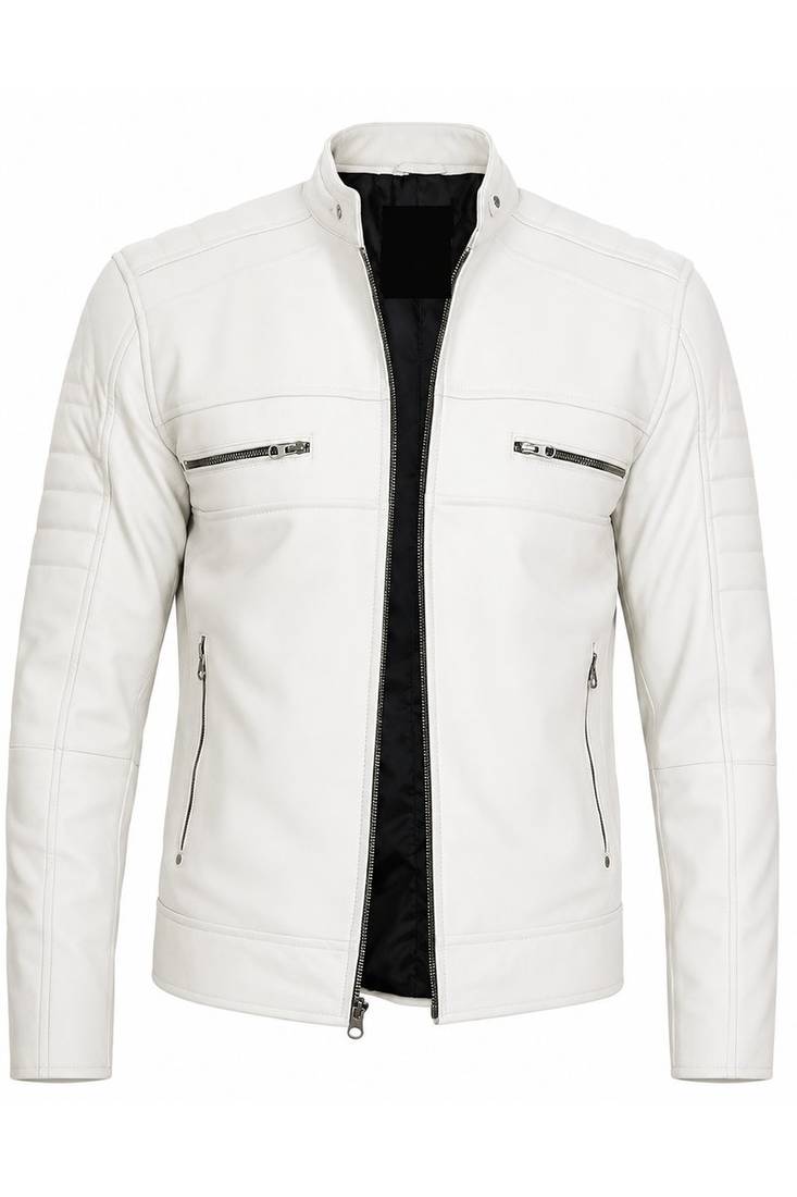 Men's white biker leather jacket smart casual genuine lambskin jacket