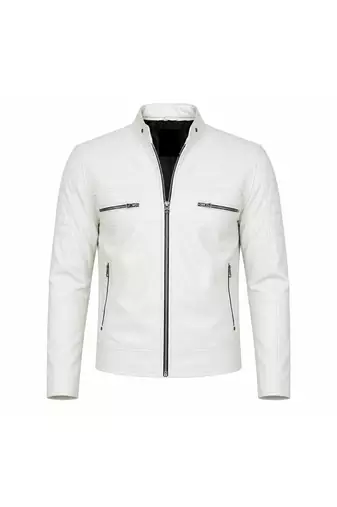 Men's white biker leather jacket smart casual genuine lambskin jacket