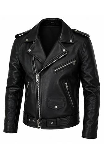 Men's black leather jacket iconic look real lambskin belted biker jacket