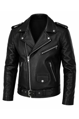Men's black leather jacket iconic look real lambskin belted biker jacket
