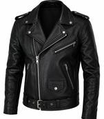 Men's black leather jacket iconic look real lambskin belted biker jacket