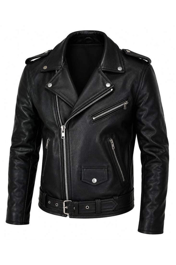 Men's black leather jacket iconic look real lambskin belted biker jacket