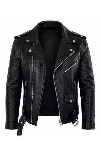 Men's black leather jacket iconic look real lambskin belted biker jacket