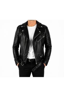 Men's black leather biker jacket real lambskin iconic look belted jacket 1