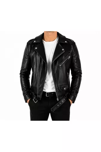 Men's black leather biker jacket real lambskin iconic look belted jacket