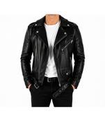 Men's black leather biker jacket real lambskin iconic look belted jacket