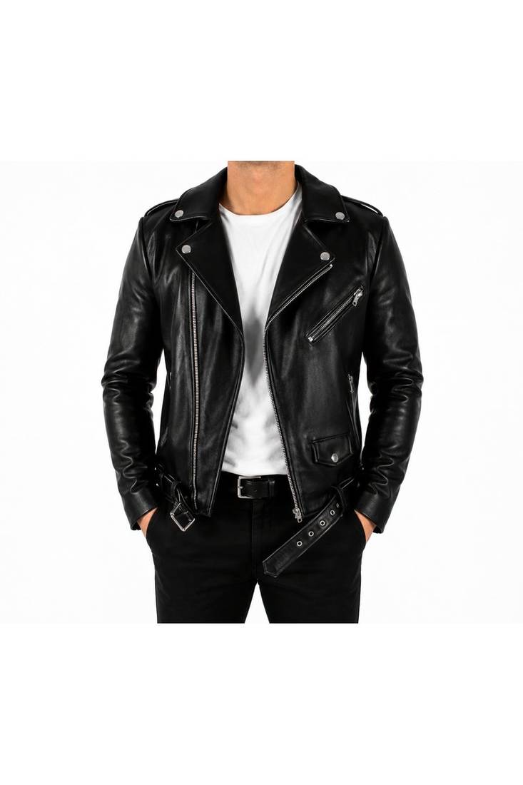Men's black leather biker jacket real lambskin iconic look belted jacket