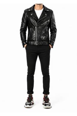 Men's black leather biker jacket real lambskin iconic look belted jacket 2