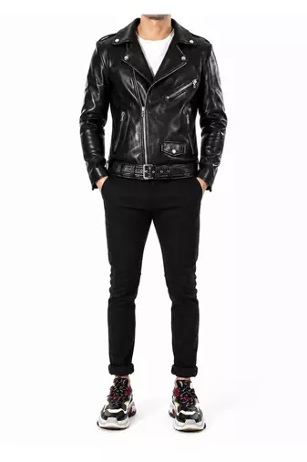 Men's black leather biker jacket real lambskin iconic look belted jacket