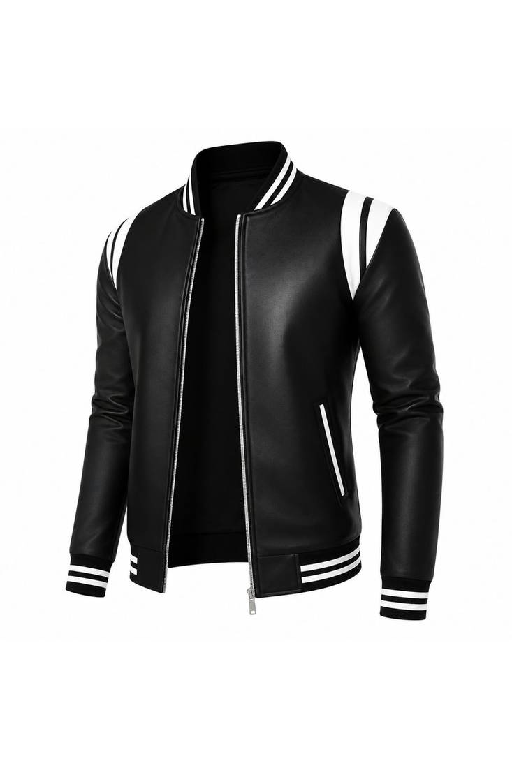 Men's black leather jacket real lambskin iconic look bomber biker jacket